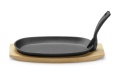 Półmisek żeliwny z drewnianą podstawą i uchwytem, HENDI, czarny, 280x140x(H)30mm, owalny