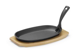 Półmisek żeliwny z drewnianą podstawą i uchwytem, HENDI, czarny, 280x140x(H)30mm, owalny