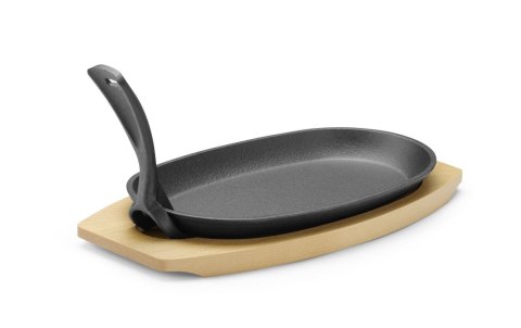 Półmisek żeliwny z drewnianą podstawą i uchwytem, HENDI, czarny, 280x140x(H)30mm, owalny