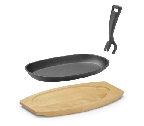Półmisek żeliwny z drewnianą podstawą i uchwytem, HENDI, czarny, 280x140x(H)30mm, owalny