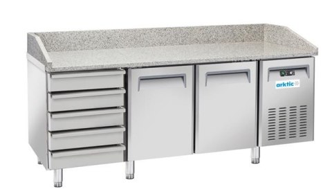Stół chłodniczy do pizzy 2-drzwiowy z 5 szufladami i blatem granitowym, Arktic, 362L, srebrny, 220-240V/210W, 2025x800x(H)1040mm